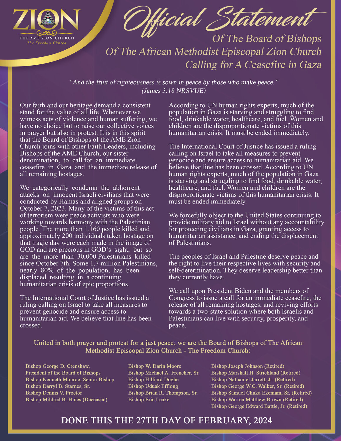 Official Statement from the Board of Bishops of The A.M.E. Zion Church Calling for a ceasefire in Gaza - Image